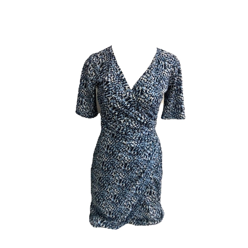 ANNE TYLER BLUE AND BLACK PRINT CROSS OVER DRESS IN SIZE EXTRA SMALL
